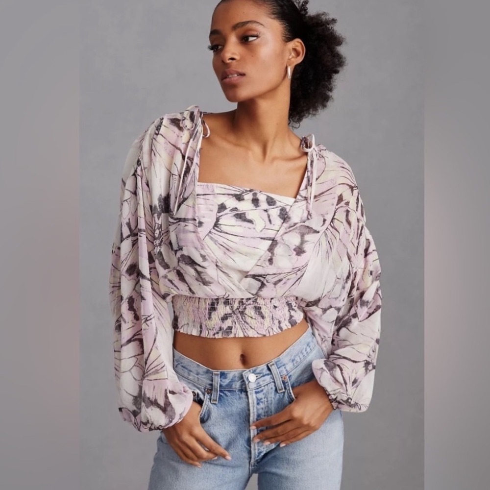 Anthropologie Sheer Cropped Puff Sleeve Abstract Print Top S‎